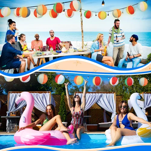 Vista 5 de Panelee 12 linternas de papel de bola de playa de 8 pulgadas, decoraciones de fiesta de piscina, decoraciones redondas colgantes temáticas de Luau