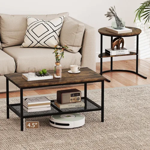 Vista 4 de Giantex Juego de 2 mesas auxiliares anidadas, mesa rectangular desmontable y mesa redonda con veta de madera, marco de metal dorado resistente, mesa