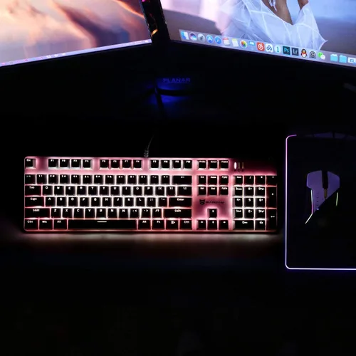 Vista 7 de Teclado mecánico con cable Interruptor marrón Diseño de 104 teclas de EE. UU. Intercambiable en caliente y silencioso Combo rosa y blanco