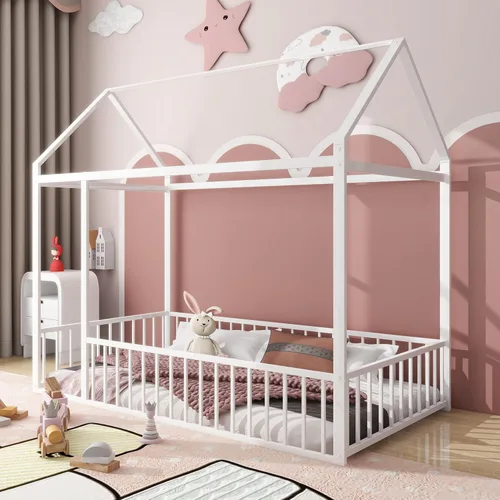 Vista 3 de Lakifun Casa de juegos de cama de metal de tamaño individual con barandillas de techo y valla para niños y niñas, marco de toldo Montessori de suelo