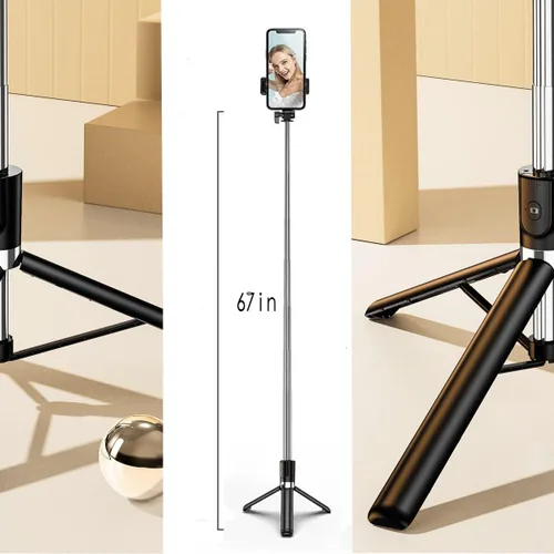 Vista 5 de Trípode de teléfono de 67 pulgadas y selfie stick trípode de viaje para selfies de iPhone, con soporte para teléfono, rotación de 360°, palo selfie