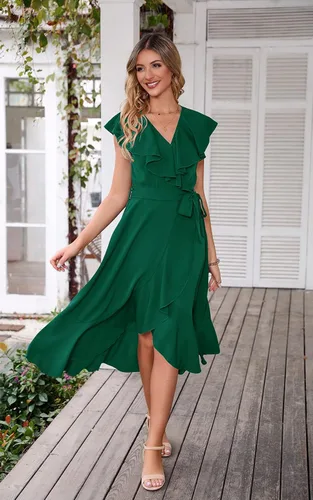 Vista 7 de PRETTYGARDEN Vestido midi cruzado de verano para mujer, casual, bohemio, cuello en V profundo, manga corta, dobladillo con volantes, vestido largo