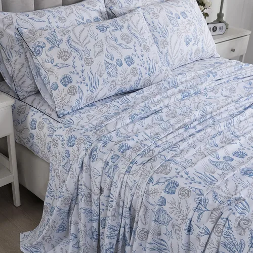Vista 13 de FADFAY Juego de sábanas Queen con temática de playa, 100% algodón, ropa de cama costera súper suave, ropa de cama náutica de conchas marinas y Aqua