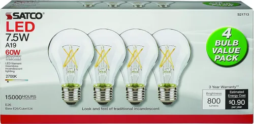 Vista 5 de Satco S21713 7.5W; LED A19; transparente; 2700 K; Base media; 120 V; 16 bombillas