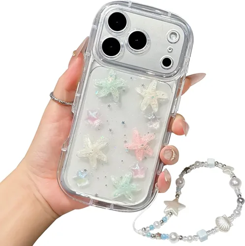 Vista 42 de Compatible con iPhone 11 Pro Funda Transparente Bonita con Diseño de Estrella con Purpurina en 3D con Perlas y Pulsera de Perlas, Diseño de Cadena