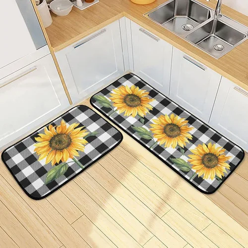 Vista 21 de Juego de 2 tapetes de cocina con rosas rojas, color rojo rosa, suave, antifatiga, juego de tapetes de cocina color negro con flores antideslizantes