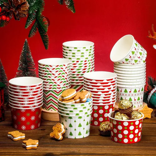 Vista 4 de Sliner 60 piezas de cuencos desechables de postre de Navidad de 9 onzas, tazas de golosinas y aperitivos de Navidad de copos de nieve navideños