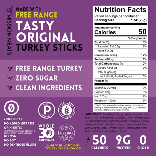 Vista 3 de Mission Meats - Snacks Keto sin azúcar, palitos de pavo de gama libre enteros 30 sin gluten, sin MSG, nitrato y nitrito, paleo, bocadillos