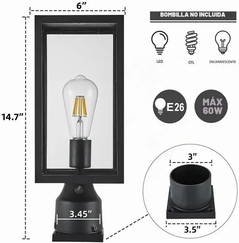 Vista 4 de Windben Luz grande de poste para exteriores de 15 pulgadas, del atardecer al amanecer, lámpara de aluminio fundido impermeable, farol de poste