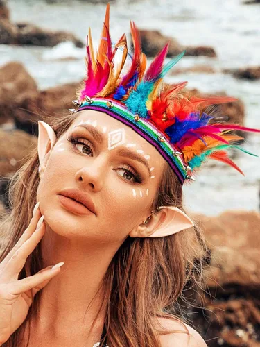 Vista 6 de GENBREE Diadema de plumas arco iris indio tocado corona tocado tocado carnaval disfraz accesorios para el cabello para mujer