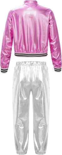 Vista 4 de TiaoBug Kids Boys Girls Jazz Hip Hop Dance Costumes Shiny Metallic Long Sleeves Bomber Jacket and Pants Set Dancewear