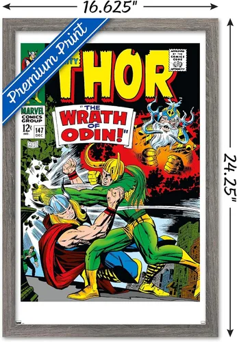 Vista 3 de Trends International Marvel Comics Loki - Póster de pared Thor #147, 22.4 pulgadas de largo x 14.7 pulgadas, versión enmarcada en madera de granero