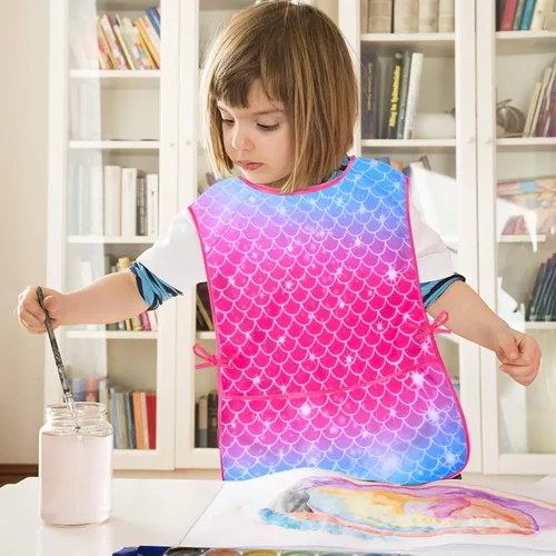 Vista 3 de Sylfairy Bata de arte para niños, impermeable, para pintar, delantal de pintura para niños pequeños