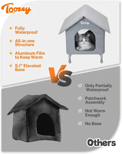 Vista 2 de Toozey Casa para Gatos de Exterior, Refugio Impermeable para Gatos Extra con Almohadilla Calefactora para Gatos Callejeros/de Granero, Casa Elevada
