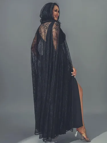 Vista 4 de GORAIS Capa larga con capucha de encaje para mujer, capa larga transparente de Halloween, para noche de boda