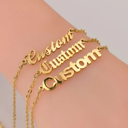 Vista 7 de Pulsera con nombre personalizada chapada en oro de acero inoxidable para mujeres y hermanas