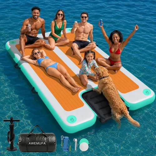 Vista 11 de AWEMUFA Muelle flotante inflable con rampa de 5 pies/6 pies/8 pies/10 pies, plataforma flotante flotante, tapete flotante de isla flotante, flotador