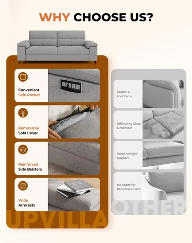 Vista 28 de Upvilla Sofás modernos de 88.97 pulgadas para sala de estar, sofá de asiento profundo con cojín de 8 pulgadas, cómodo sofá biplaza de felpilla de 2