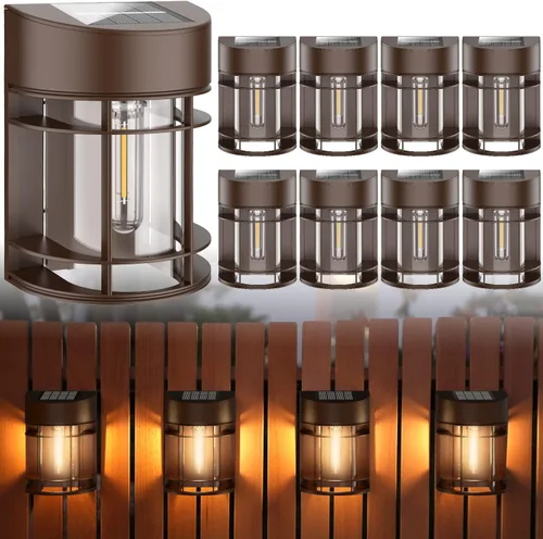 Vista 10 de Luces solares para cercas al aire libre, paquete de 8 luces de cubierta alimentadas por energía solar con bombillas LED Edison, luces solares Negro