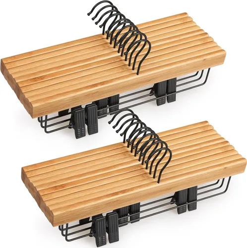 Vista 8 de TOPIA HANGER Perchas para pantalones, paquete de 10 perchas de bambú con clips negros y gancho giratorio, perchas duraderas de madera natural