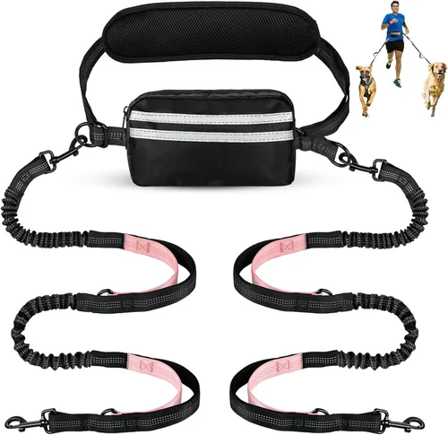 Vista 11 de Correa de perro manos libres para dos perros que caminan, correr, con cinturón de cintura, bolsa con cremallera y elástico amortiguador