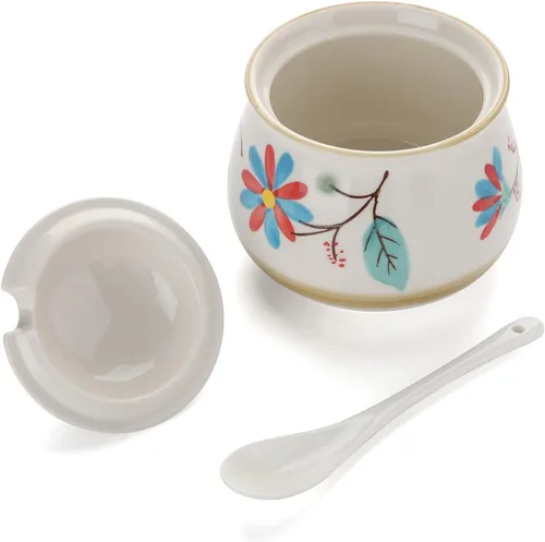 Vista 7 de Azucareros de porcelana Juego de 2 azucareros de cerámica con tapa y cuchara, tarro de almacenamiento de azúcar, recipiente dispensador de azúcar