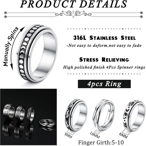 Vista 2 de Jstyle Juego de 4 anillos de acero inoxidable para mujeres y hombres, anillos giratorios de flores, luna, estrella, anillos frescos para aliviar