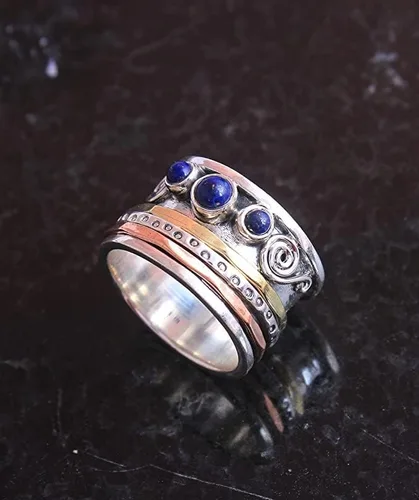 Vista 3 de Lapislázuli - Anillo giratorio de plata con piedras preciosas hechas a mano, 8, Plata, lapislázuli