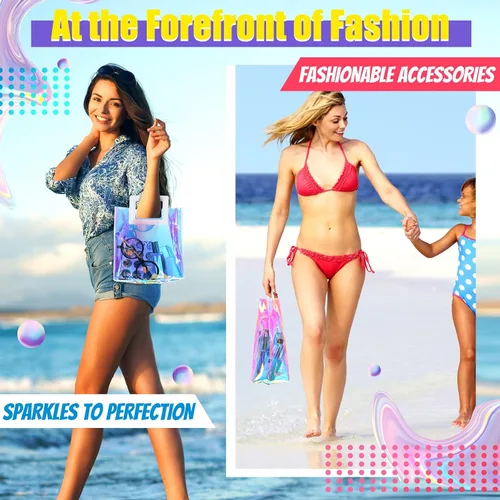 Vista 7 de CHENGU 10 bolsas iridiscentes, holográficas, transparentes, reutilizables, para cumpleaños, PVC, 7 x 8 x 4 pulgadas, bolsas con asa de compras, a