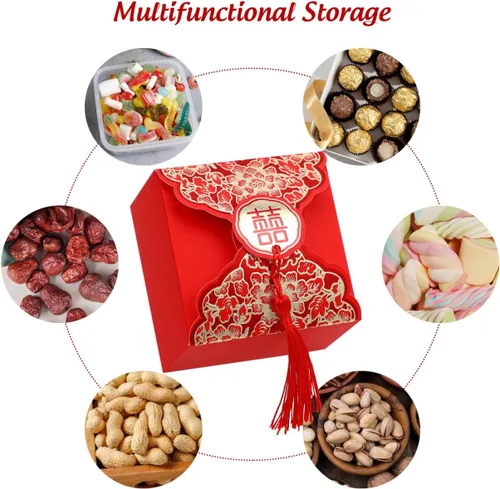 Vista 3 de Abaodam Cajas de dulces de boda chinas, 80 cajas de regalo chinas con borla para invitados, bolsa creativa de decoración de mesa para compromiso