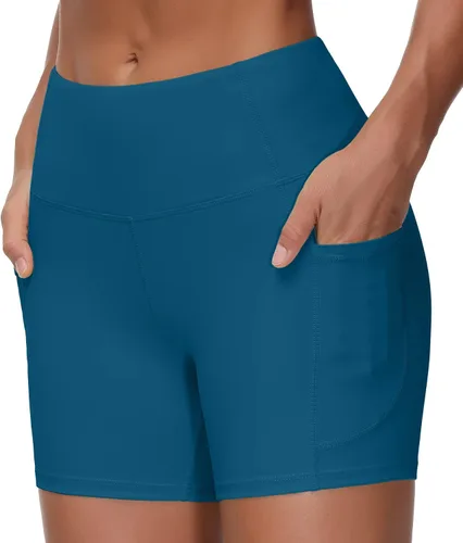 Vista 3 de THE GYM PEOPLE - Pantalones cortos de yoga para mujer, con cintura alta, control de abdomen y bolsillos profundos, para gimnasia, entrenamiento