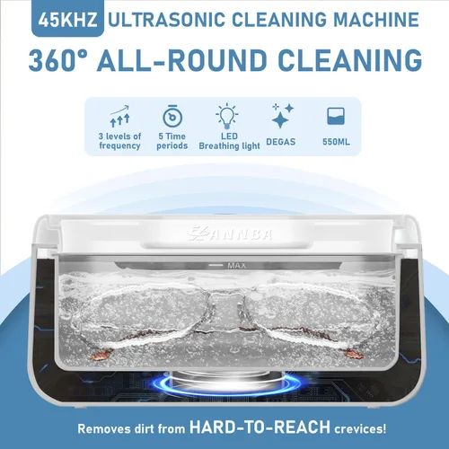Vista 8 de Limpiador ultrasónico de joyas 45KHz – 550ml Limpiador sónico digital con 5 temporizadores, 3 niveles de potencia, luz LED, Degas – Máquina