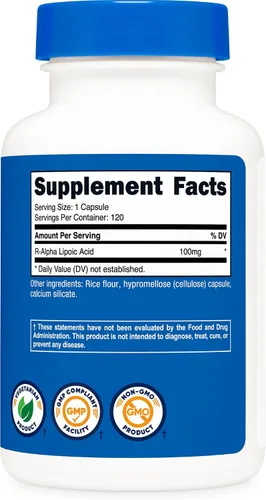Vista 5 de Nutricost - Ácido R-alfa lipoico 100 mg, 120 cápsulas, cápsulas vegetales Sin OMG, sin gluten
