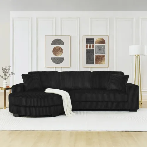 Vista 4 de Sofá cama modular en forma de L con almohadas, sofá modular convertible de pana con reposapiés curvado móvil, color negro