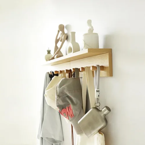 Vista 3 de Perchero de pared con estante, estante flotante de madera resistente con ganchos para ahorrar espacio interior, organizador de pared adecuado