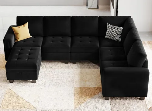 Vista 4 de Belffin Sofá modular de terciopelo con almacenamiento otomano de 6 plazas en forma de L, sofá modular modular con diván reversible, sofá seccional