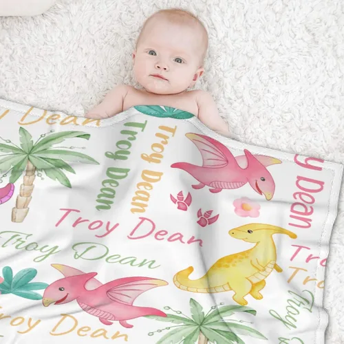 Vista 31 de Manta de regalo personalizada de dinosaurio con nombre para niñas, niños, recién nacidos, dinosaurio, manta personalizada para envolver al bebé