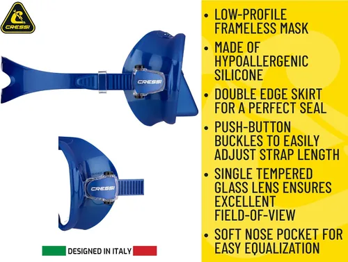 Vista 4 de Cressi Máscara de buceo sin marco para adultos - Lente mono de visión ancha - bajo volumen interno - Silicona suave pura - Z2: diseñado en Italia