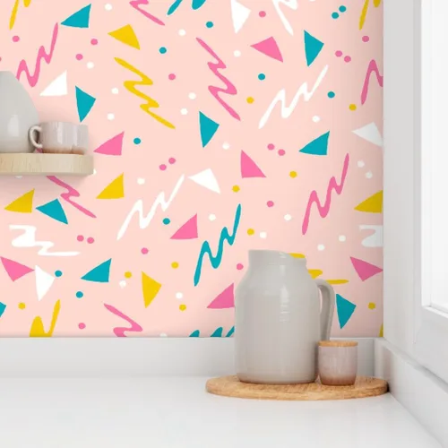 Vista 8 de Papel tapiz para despegar y pegar, diseño retro de los años 80, diseño abstracto de los años 1980, confeti de surf rosa para niños, papel tapiz