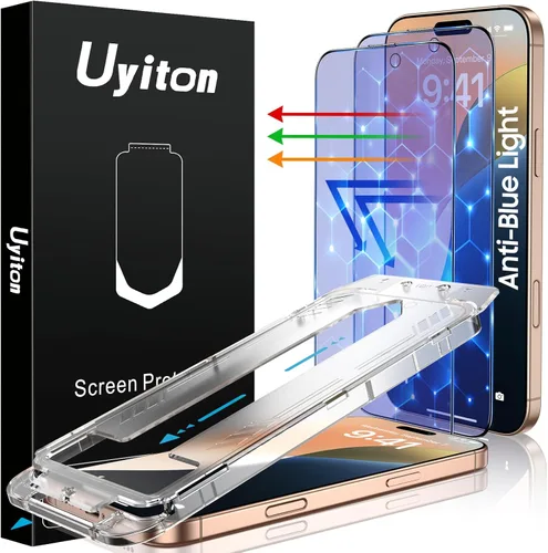 Vista 9 de Uyiton Protector de pantalla anti-luz azul para iPhone 15, protector de pantalla de vidrio irrompible de cobertura completa, resistente a