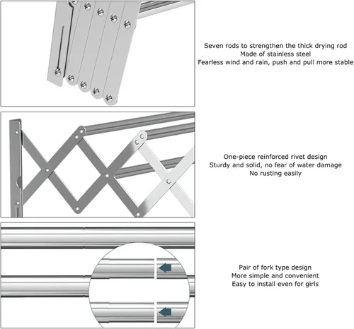 Vista 5 de Extendable Stainless Steel Clothes Drying Racks, Wall Mounted Laundry Drying Rack, Space-Saver Stainless Steel Accordion Retractable Drying Rack