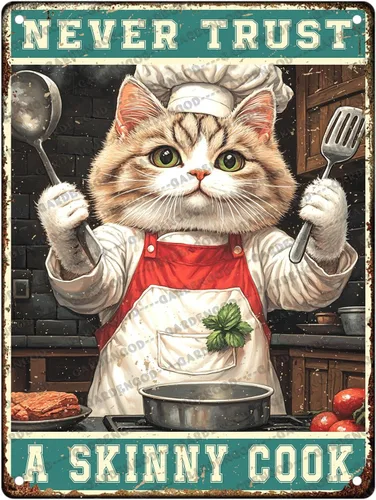 Vista 33 de Cartel de metal divertido vintage con diseño de gato de cocina con texto en inglés «Cat Never Trust A Skinny Cook», póster de metal para el hogar