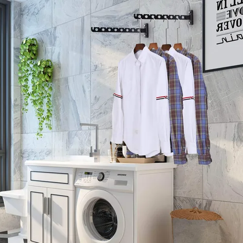 Vista 3 de Percha de ropa para montar en la pared, paquete de 2 perchas plegables negras para ropa sucia con brazo oscilante, organizador de almacenamiento