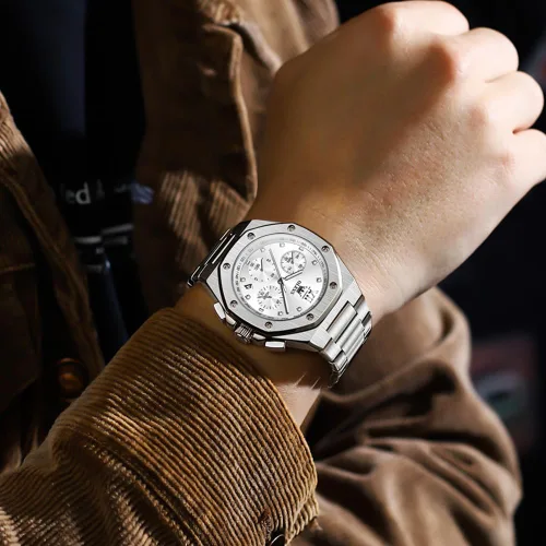 Vista 3 de OLEVS - Relojes de acero inoxidable para hombre, reloj de negocios y vestir de gran tamaño, fácil de leer, analógico, impermeable, luminoso, casual