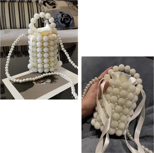 Vista 3 de YIFEI Bolsos hechos a mano con cuentas pequeñas perlas para mujer, con cadena desmontable, para fiesta de boda, Blanco