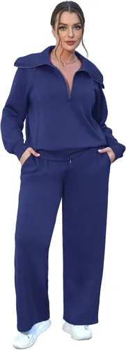 Vista 3 de XIEERDUO Conjuntos de descanso para mujer 2023 sudadera de gran tamaño con media cremallera y pantalón deportivo de pierna ancha de 2 piezas