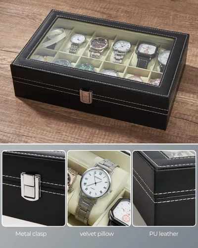 Vista 5 de Caja de reloj de piel; organizador de joyería con visualización y 12 ranuras Ohuhu