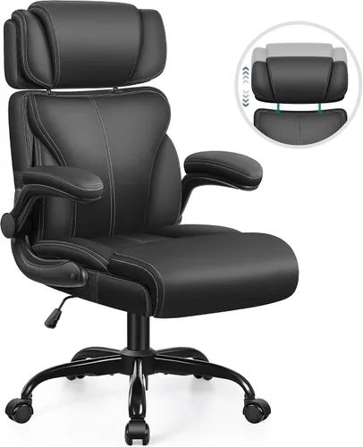Vista 8 de Silla de oficina, silla ergonómica grande y alta para escritorio de computadora con reposacabezas ajustable retráctil, silla ejecutiva de cuero