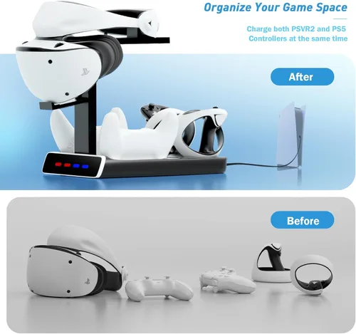Vista 4 de Base de carga de controlador 3 en 1 para PSVR2 y PS5, pantalla de soporte de realidad virtual con luz LED, base de almacenamiento PS5 VR2