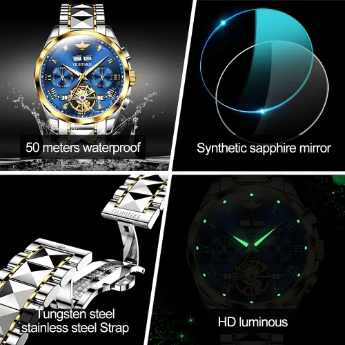 Vista 5 de OLEVS Relojes automáticos de esqueleto mecánico para hombres, 5ATM, impermeables, de tungsteno, acero inoxidable, cuerda automática, para hombre